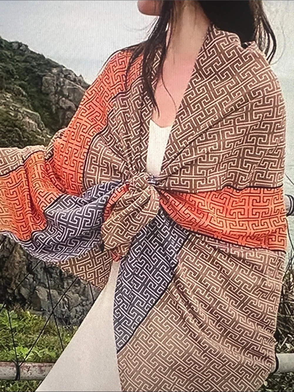 Geometric Pattern Silk-Look Wrap Scarf in Cream, Black & Orange